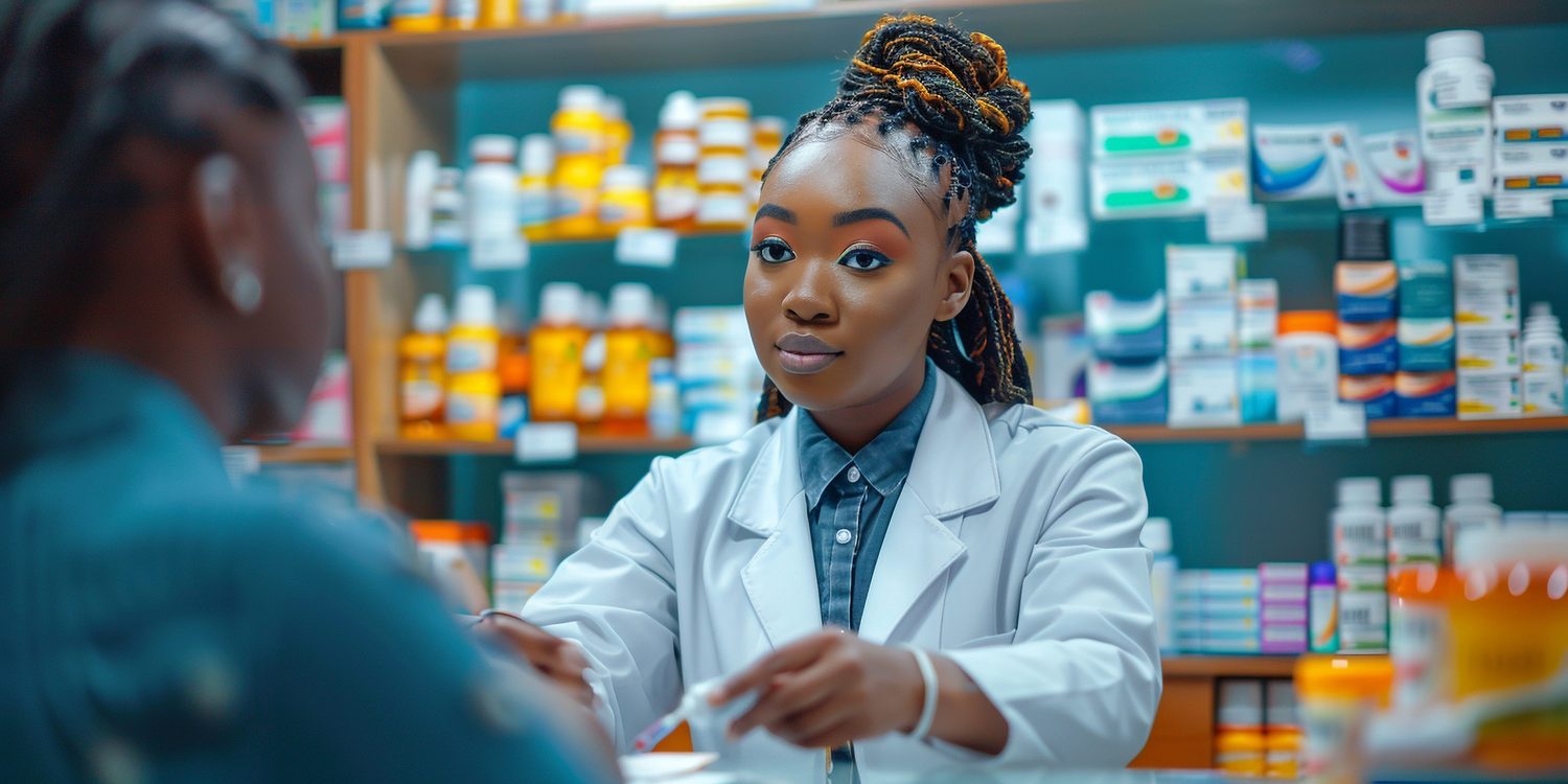 Altruist pharmacist reviewing a prescription with a customer