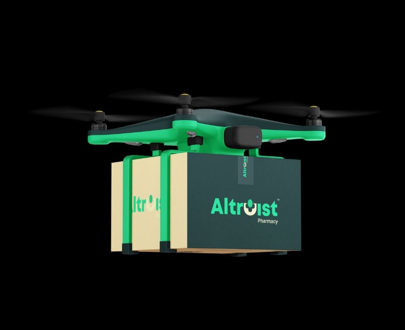Altruist Pharmacy branded delivery drone carrying medicine packages