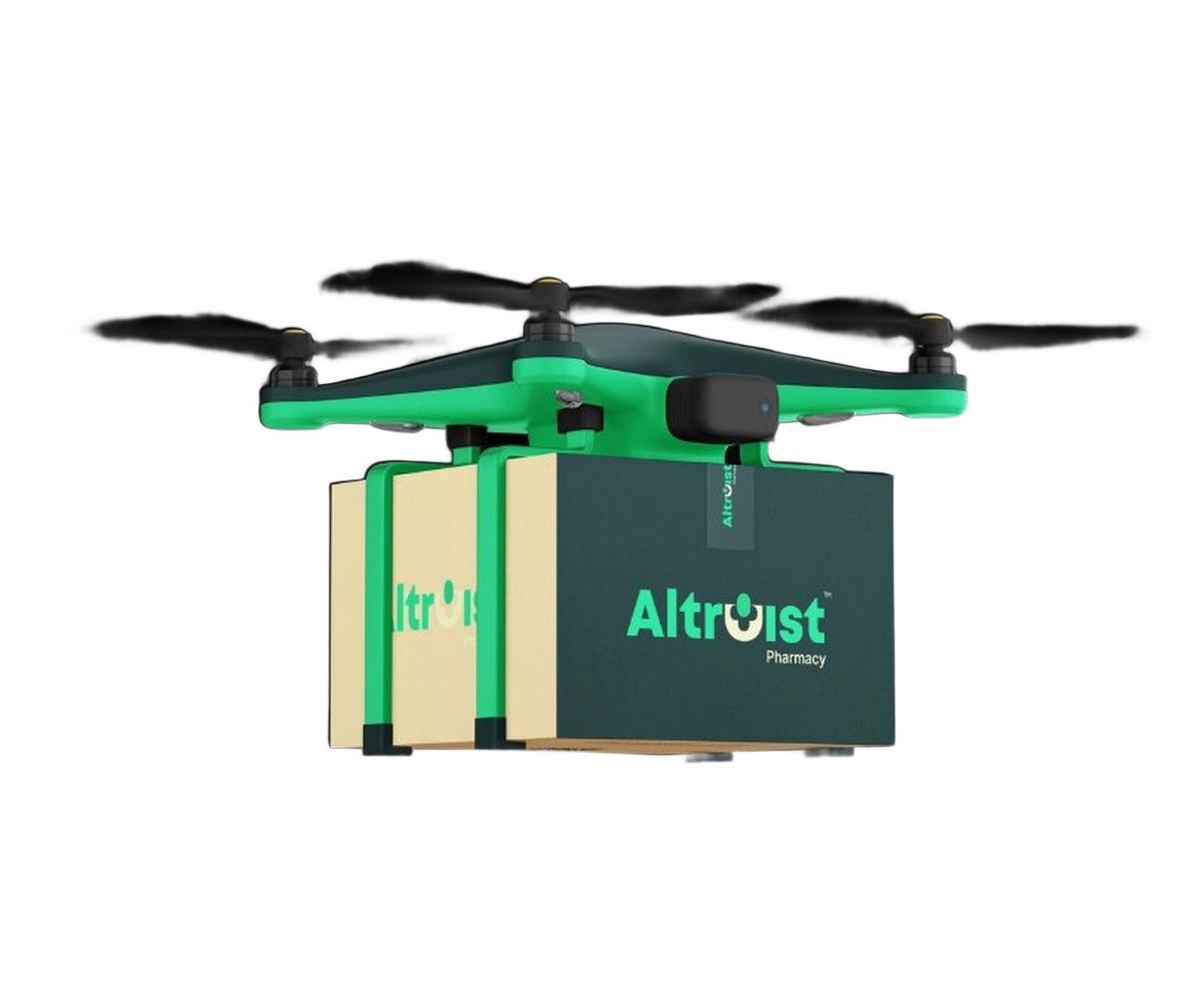 Altruist Pharmacy branded delivery drone carrying medicine packages